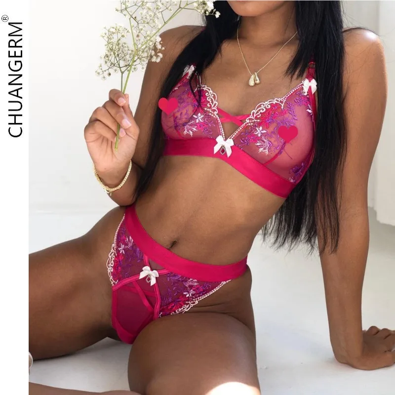 CHAUNGERM Mesh Sheer Sexy Lingerie Bow Floral Embroidery  Onlyfans Kit Patchwork Sensual Intimate Underwear Pink Lace Garter Set