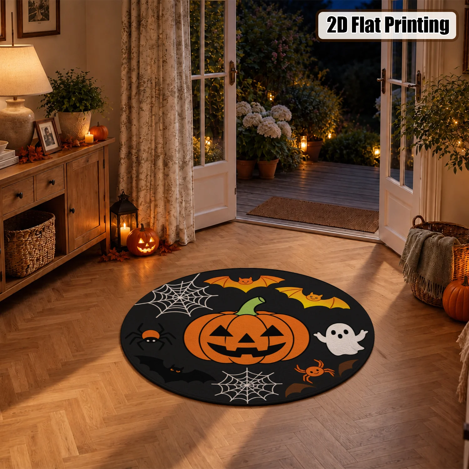 Halloween Pumpkin Bat Spider Ghost Cobweb Pattern Round Velvet Rug, Machine Washable Soft Plush Area Rug for Living Room, Bedroom, Entryway, Ideal for Halloween, Thanksgiving, Black Friday, Christmas, New Year Holiday Decor