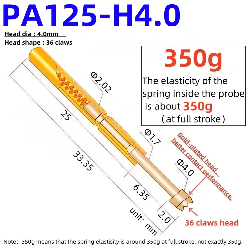 20/100PCS Spring Test Pin PA125-H 33.35mm 2.02mm 36-claw Tip Head 4.0mm Needle Test Probe P125-H2 PogoPin P125-H 350g Force