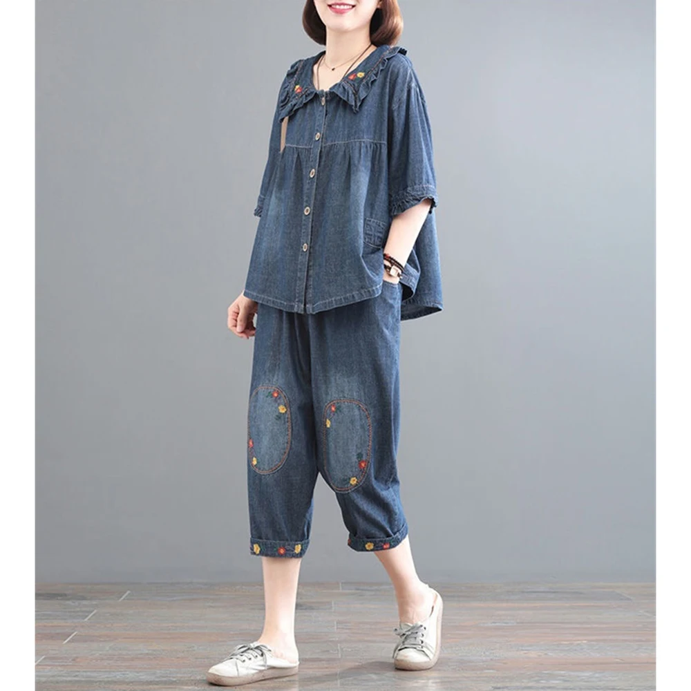 

Blue Denim Suit Loose Summer Women Cowboy 2 Piece Set Floral Embroidery Top And Pant Suits Loose Casual Women Outfits Y700