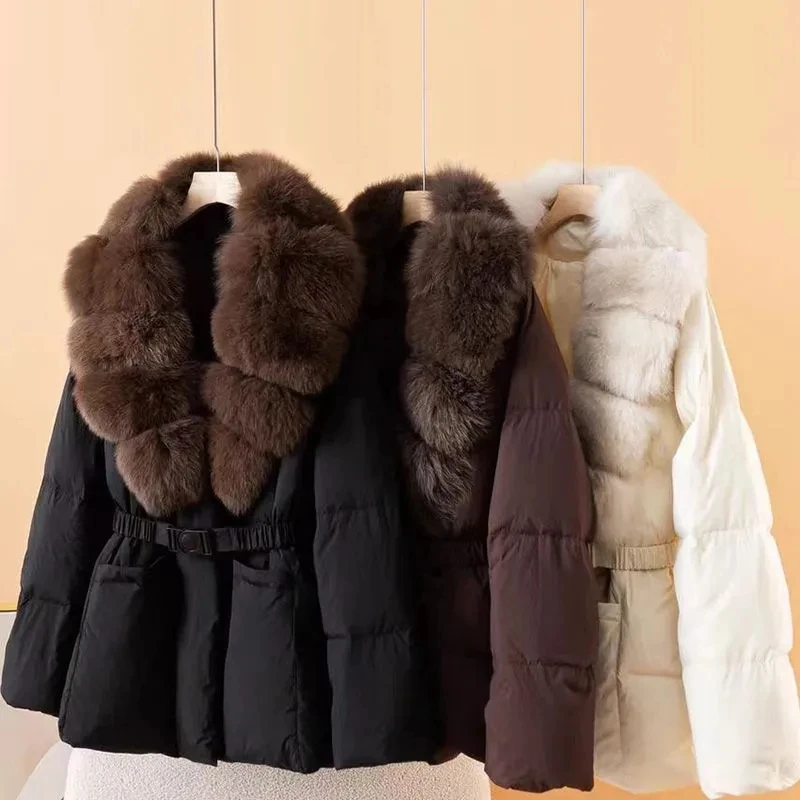 سترة نسائية بياقة من فرو الثعلب الحقيقي لشتاء 2025 معاطف جديدة بخصر دافئ وسميك سترات نسائية عصرية سترات باركاس