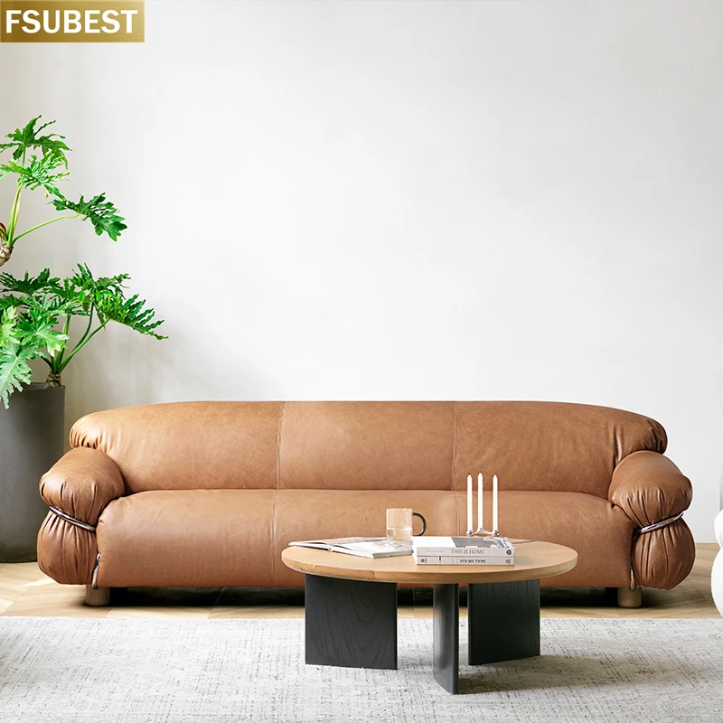 FSUBEST Italian Sesann Antique Steel Ring Sofa Small Family Living Room Three Seats Floor Cowhide Couch Muebles