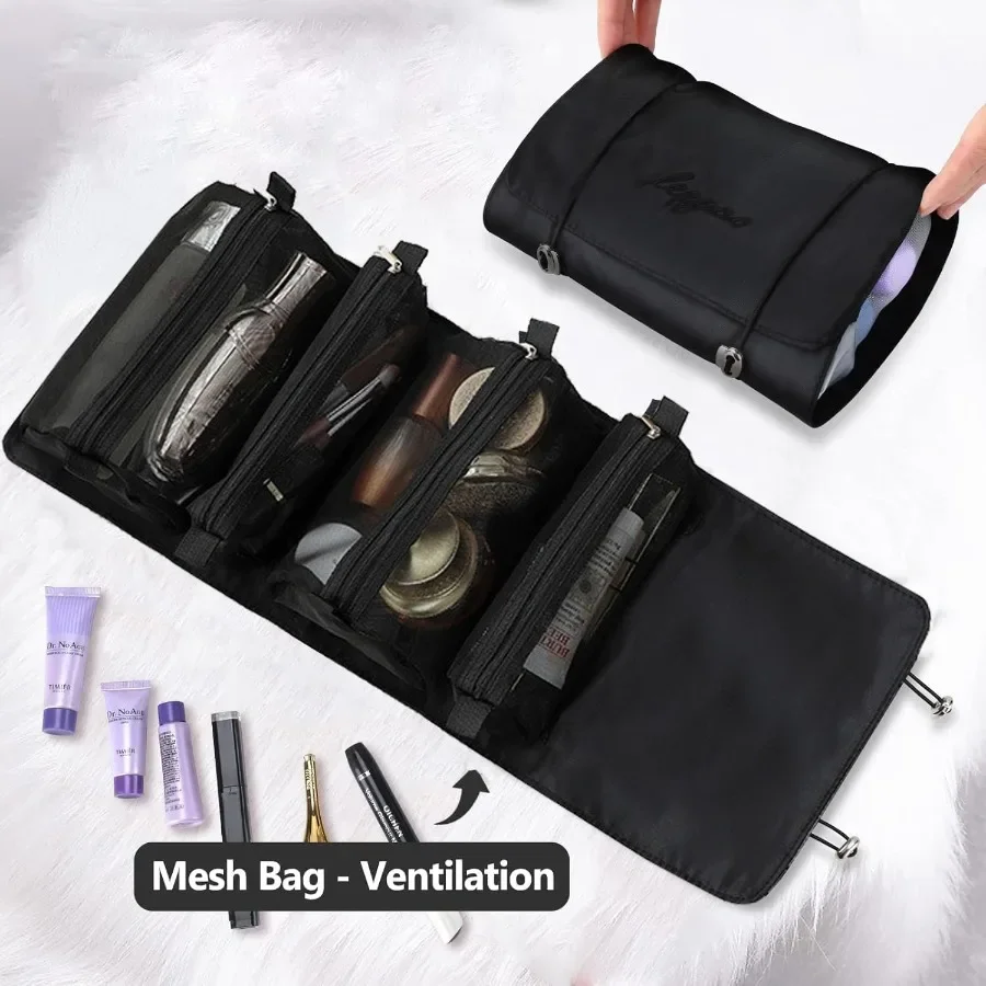 Roll Up Makeup Bag Hanging Toiletry Bag with 4 in 1 Detachable Design and 4 Removable Storage Compartments Ideal Travel Makeup