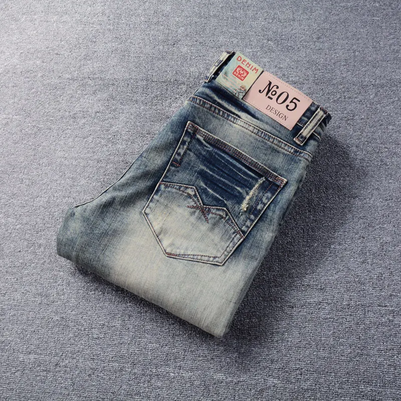 Italian Style Fashion Men Jeans Retro Washed Blue Elastic Stretch Slim Fit Ripped Jeans Men Vintage Designer Denim Pants Hombre