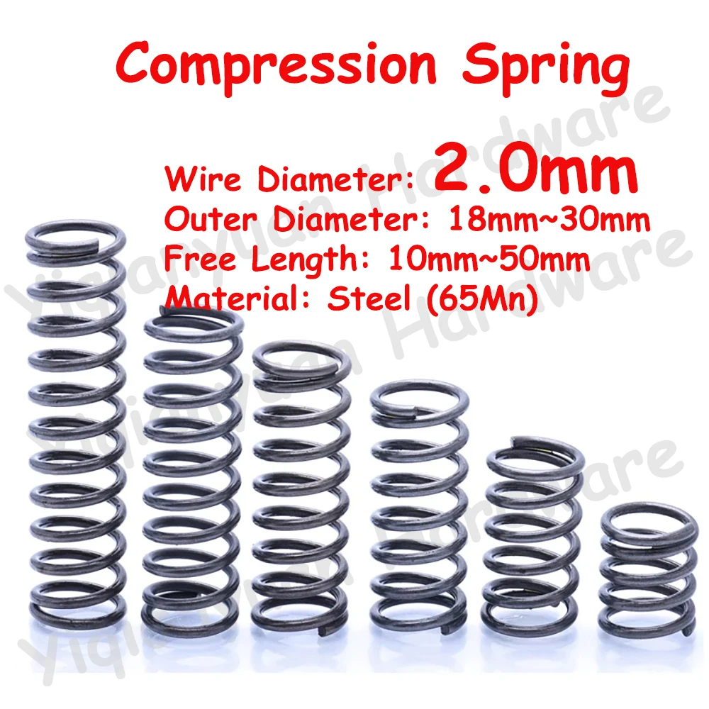 

10Pcs Wire Diameter φ2.0mm 65Mn OD18mm~30mm Cylidrical Coil Compression Spring Rotor Return Compressed Spring Release Pressure