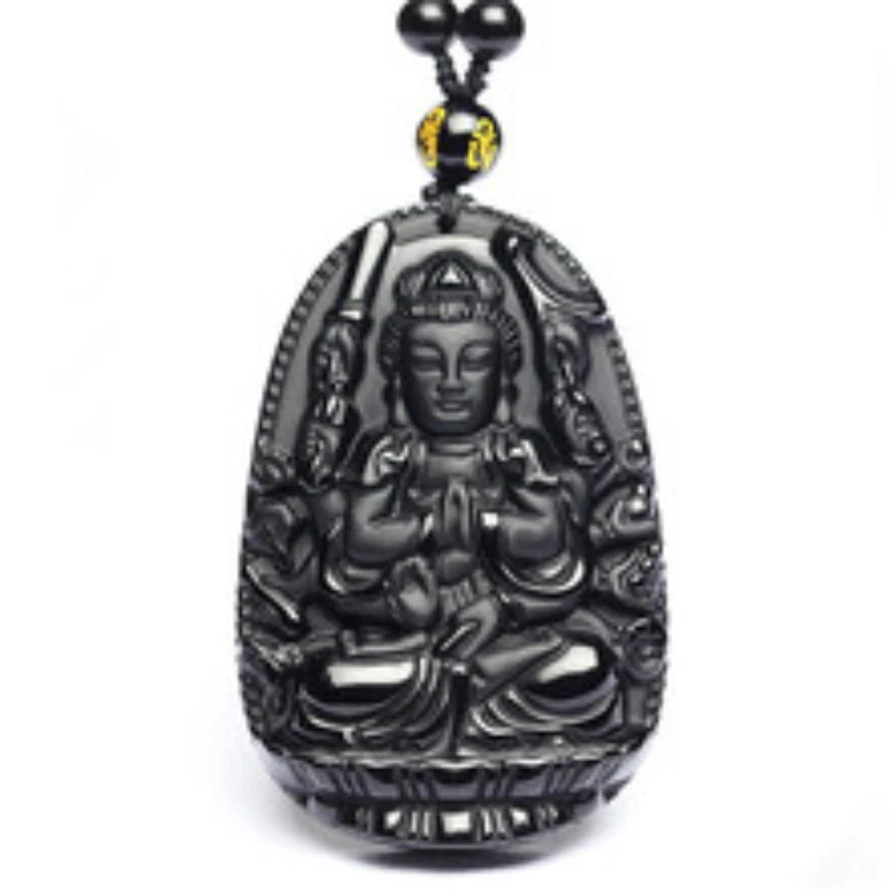 Obsidian Thousand-Armed Avalokiteshvara Pendant, Guardian Deity Necklace Year of Rat