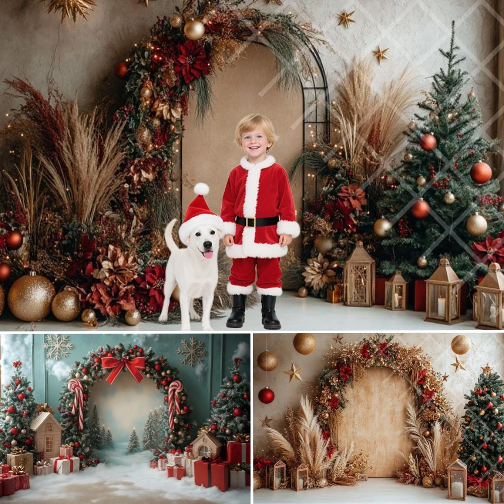 

Christmas Red Fireplace Background Photography Wreath Red Christmas Tree Bells Gifts Winter Family Portrait Photo Booth Backdrop
