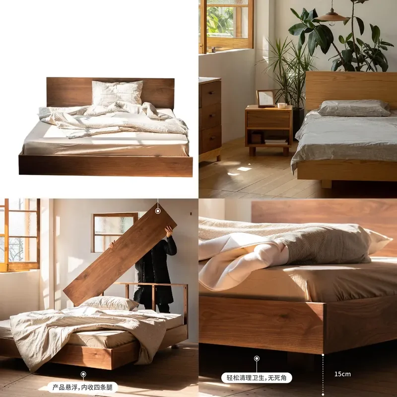for Suspension Bed Nordic Japanese Black Walnut Cherry Red Oak Solid Wood Modern Simple Double Bed Bedroom Wedding