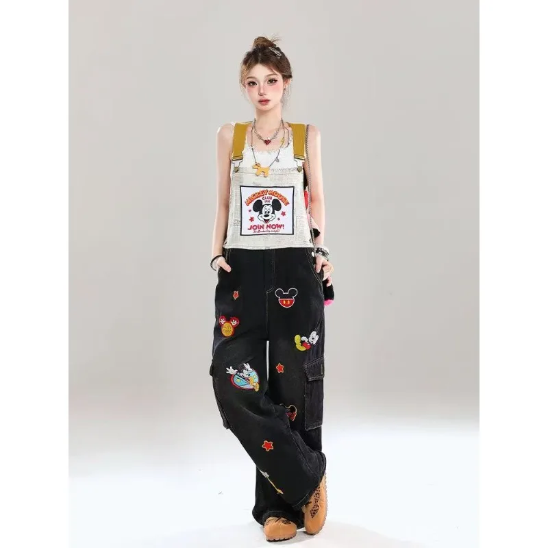 

y2k Spanx jeans Spanx Disney Women's Plus Size Mickey Embroidered Denim Overalls, Color Block Multi-Pocket Wide Leg Trendy Jeans