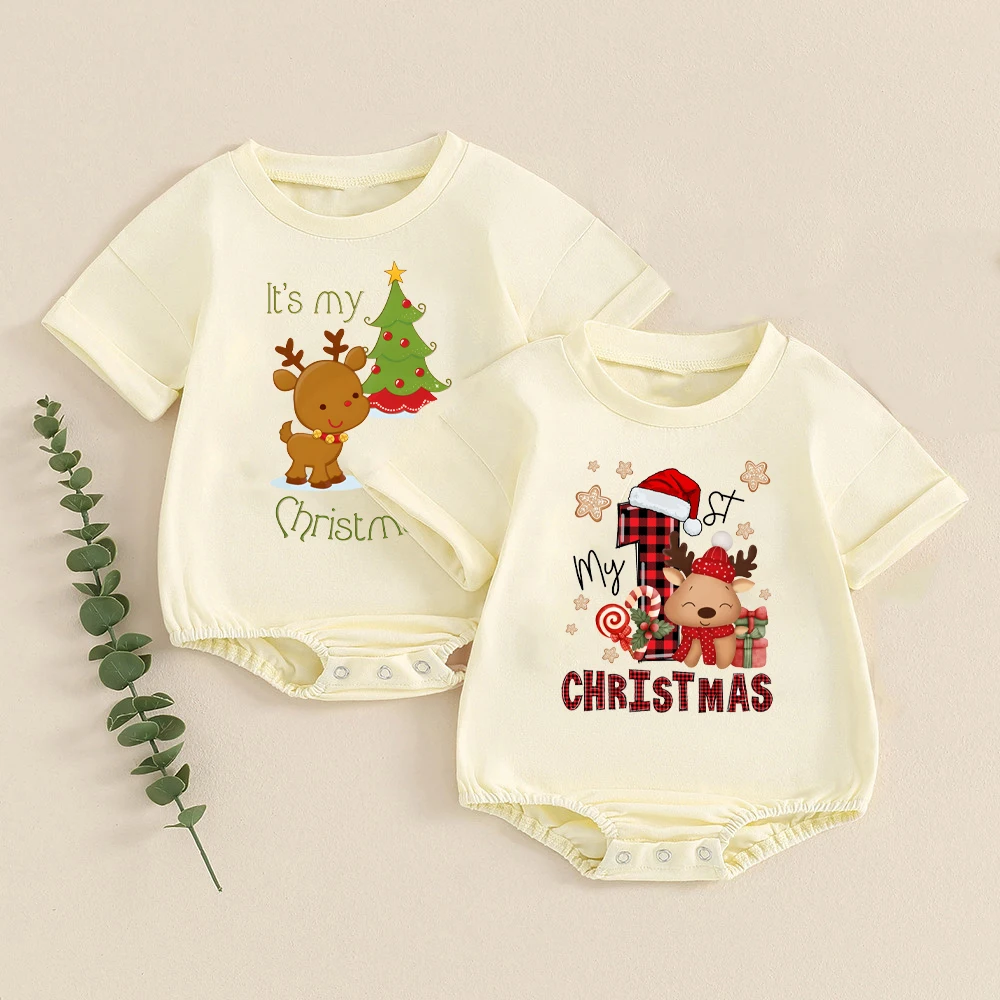 1st Christmas Print Baby Bubble Romper Casual Short Sleeve Oversize Bodysuit Fashion Baggy Bubble Romper Christmas Party Clothes