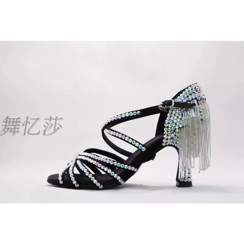 Adult diamond studded Latin dance shoes children's tassel pearl decoration modern/rumba/cha cha/waltz dance shoes