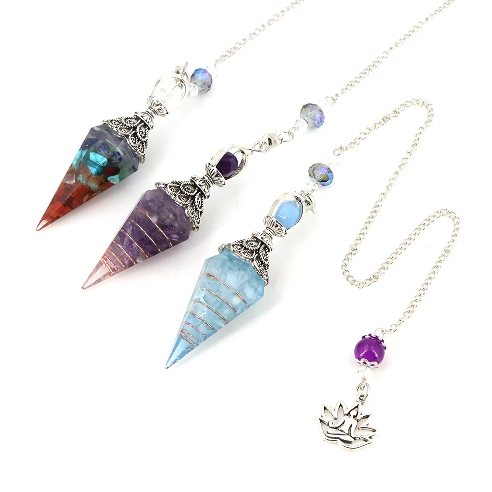 7 Chakra Healing Crystals Resin Pendulum Dowsing Divination Natural Quartz Stone Pendulums Antique Reiki Pendant Pendulo Jewelry