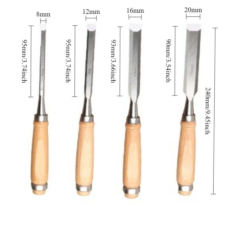 Professionelles Holzschnitzmeißel-Set aus Kohlenstoffstahl 8/12/16/20 mm für Holzbearbeitungshandwerk mit bequemem ergonomischem Griff – Detail 1