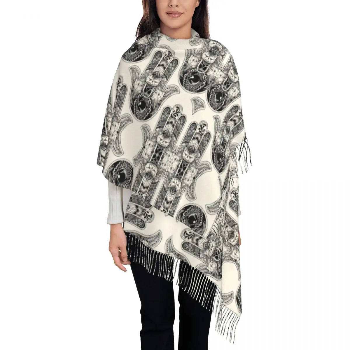 

Hamsa Hand Boho Scarf Wrap for Women Long Winter Warm Tassel Shawl Unisex Geometry Mandala Bohemian Scarves