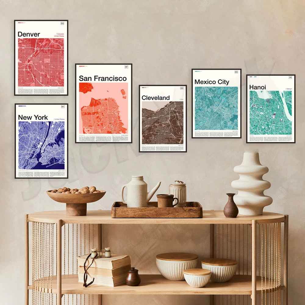 مانيلا، دنفر، سان فرانسيسكو، كالبينسي، تورونتو، كليفلاند، لوس أنجلوس، أتلانتا، مدينة نيويورك، طوكيو، ملصق طباعة خريطة هانوي #4