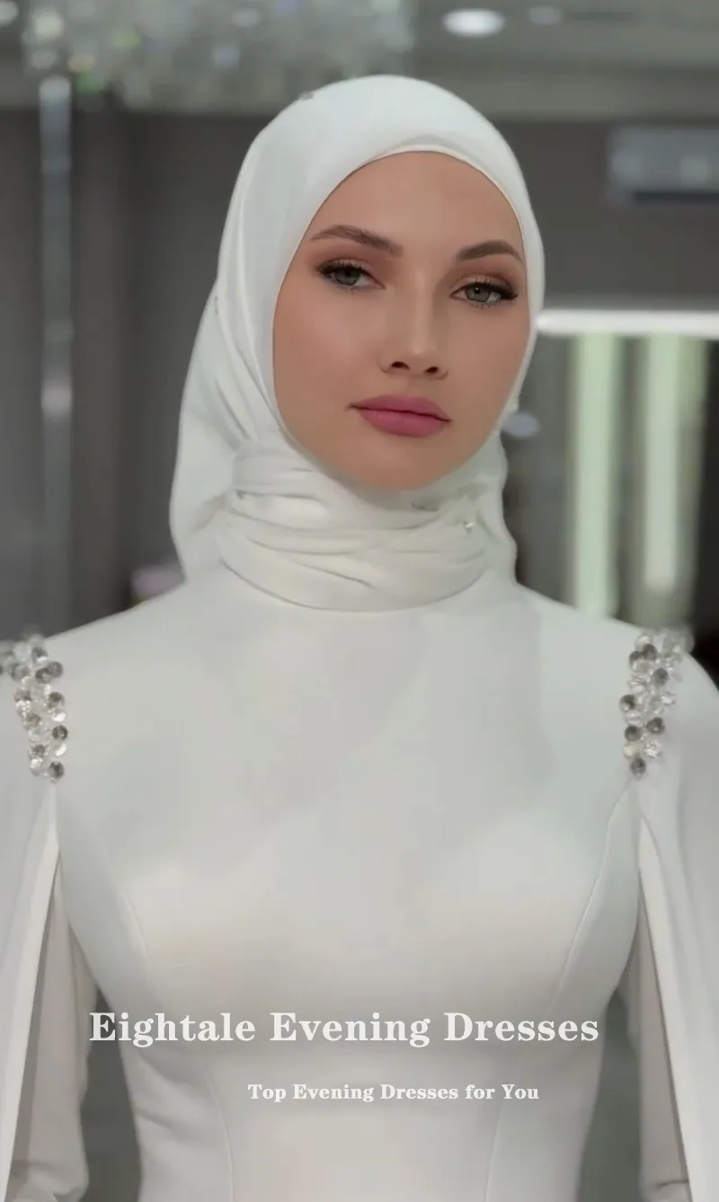Eightale Arabic Wedding Dress Beaded Customized Ivory Satin Long Sleeves Muslim Bridal Gown Mermaid Bride Party Dress