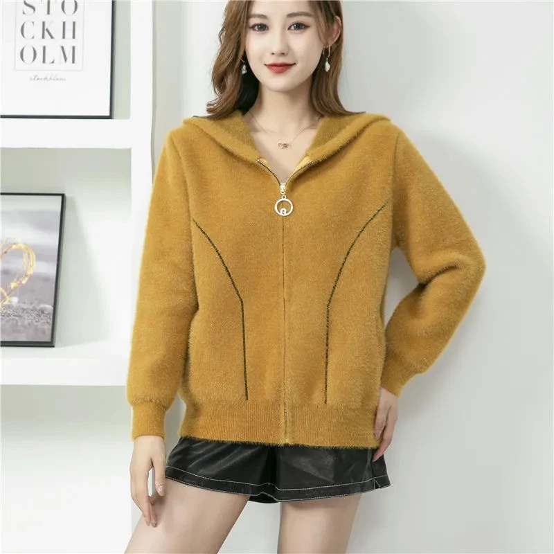 

Autumn Winter New Women Hooded Short Jacket Fashion Imitate Mink Velvet Coat Ladies Loose Korean Woolen Coat Female Casual Tops