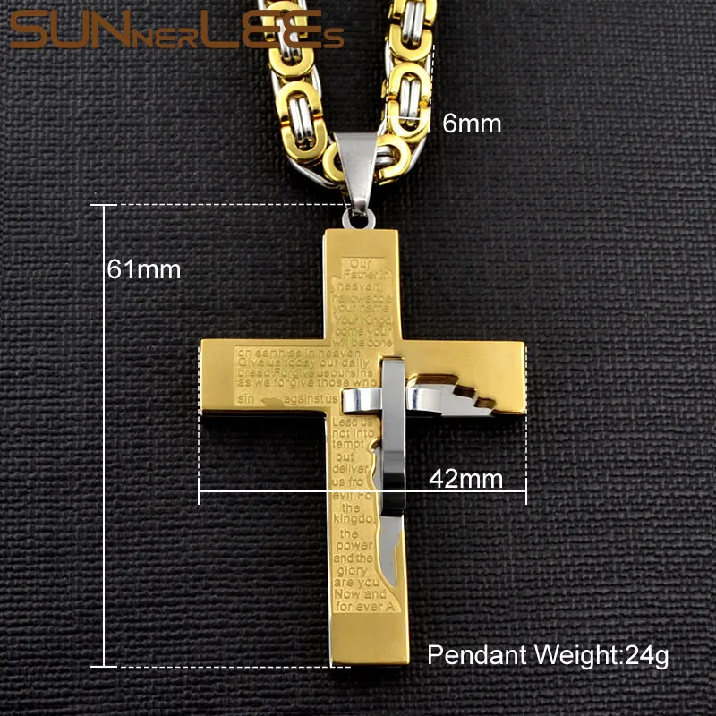 SUNNERLEES Stainless Steel Jesus Christ Cross Pendant Necklace Byzantine Link Chain Silver Color Gold Plated Men Boys Gift SP247