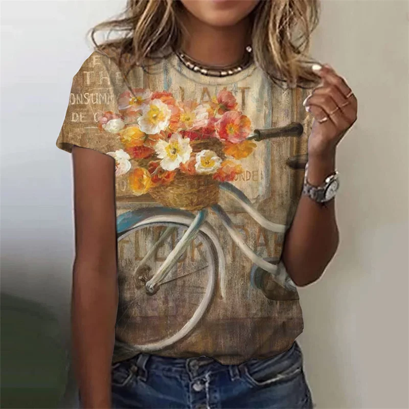 Vintage Eiffel Tower Pattern T-Shirt For Women Flower Bike 3D Print Tee Summer Fashion Street O-Neck Tops Short Sleeves T Shirts