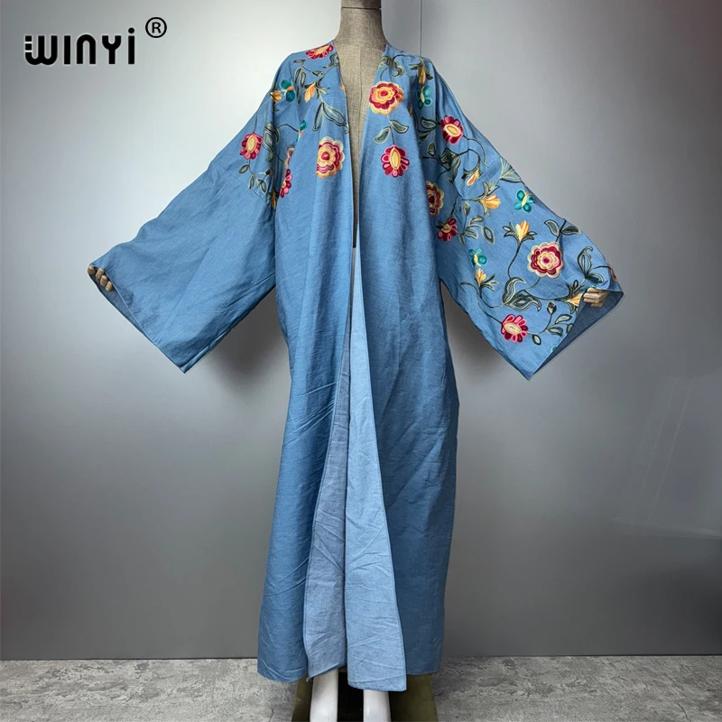 WINYI Embroidered soft denim cardigan Women coat Loose Long Dress elegant Party Boho maxi beach Holiday Swimming Cover Up Kimono