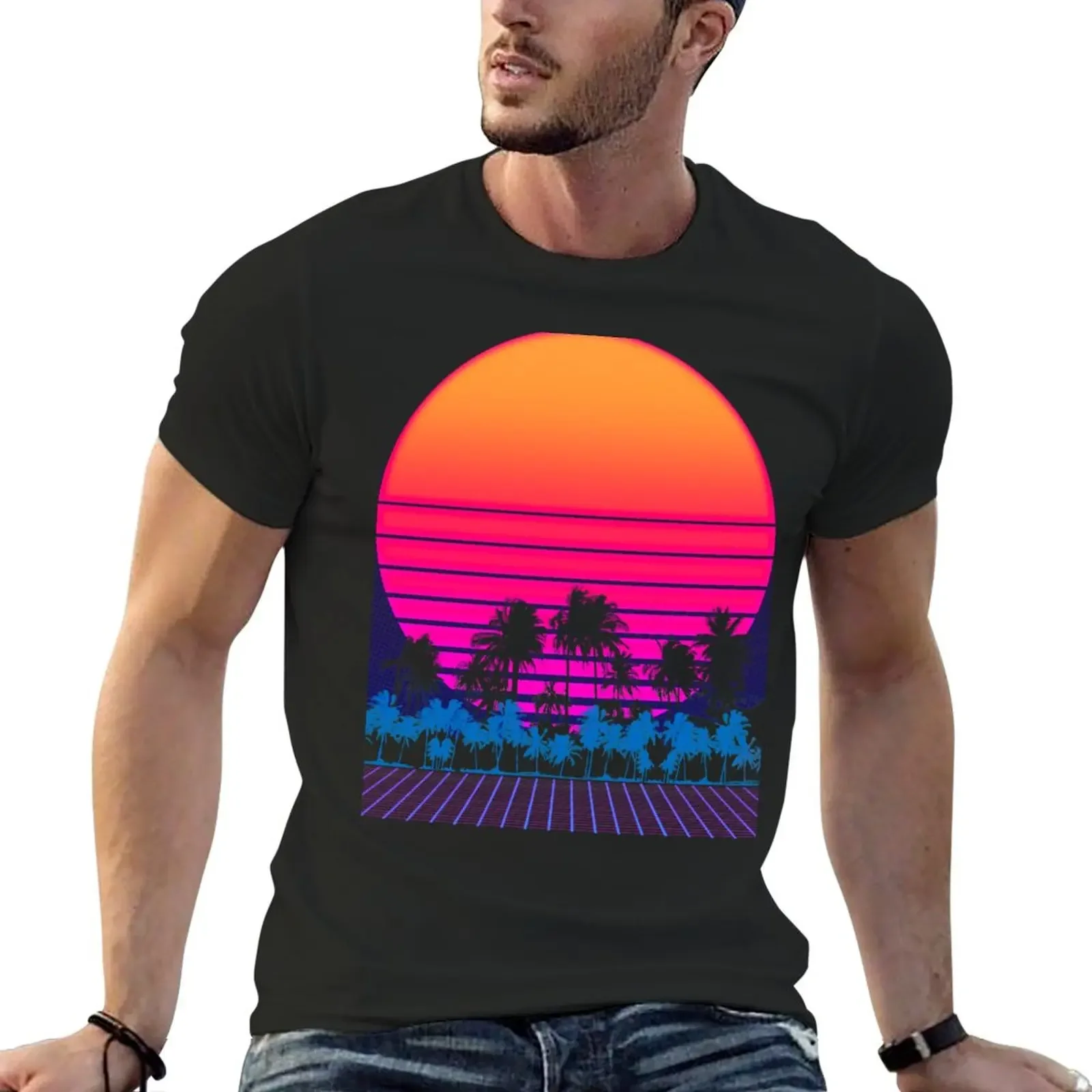 

New 80s Vaporwave Retro Palm trees Sunset T-Shirt anime figures new edition hippie clothes heavy weight t shirts for men