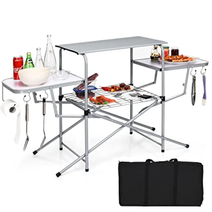 

Folding Grill Table, Aluminum Camping Kitchen Table with Cook Station, Hooks, Portable Camp Cook Table with Storage Organizer S