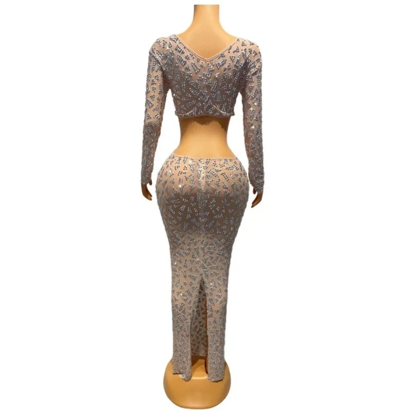 Robe transparente à manches longues avec strass argentés scintillants pour femmes, Costume de fête découpé, robes de soirée, tenue XS6025