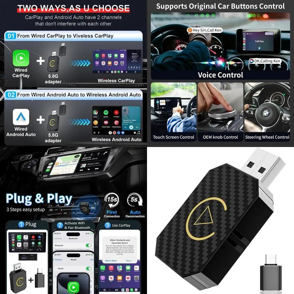 

2 in 1 Wireless CarPlay Adapter and Android Auto Wireless Adapter for Convert Wired CarPlay, for Cars 2016+/Apple iOS 10+, No De