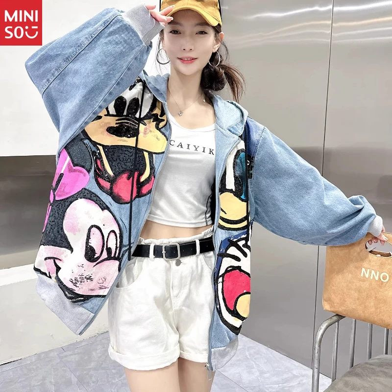   Veste de baseball de dessin animé, broderie de paillettes lourdes, manteau en jean unisexe