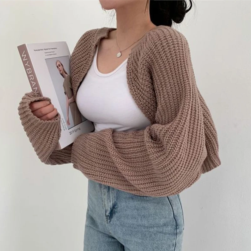 MEXZT Korean Fashion Women Loose Short Knitted Cardigan Sweater Fall Harajuku Lantern Sleeve Y2k Clothes Female Vintage Crop Top