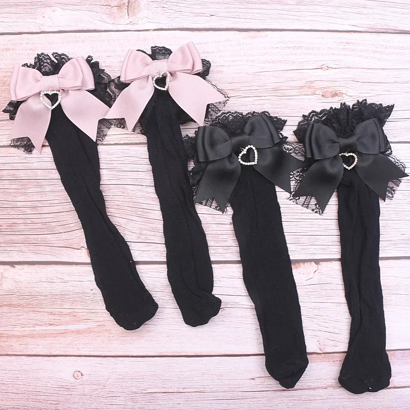 Handmade Japanese Mine Sweet Cute Bow Heart Shape Rhinestone Lace Stockings Lolita Sweet Short Socks Summer Student Cute Socks