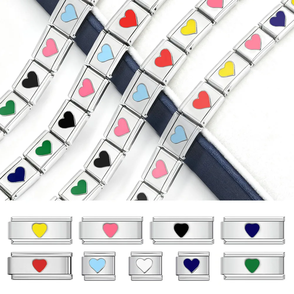 1pc Classic Fashion Blue Pink Red White Yellow Hear Jewelry Italian Link Fit 9mm Stainless Steel Making DIY Couple Bracelet Gift