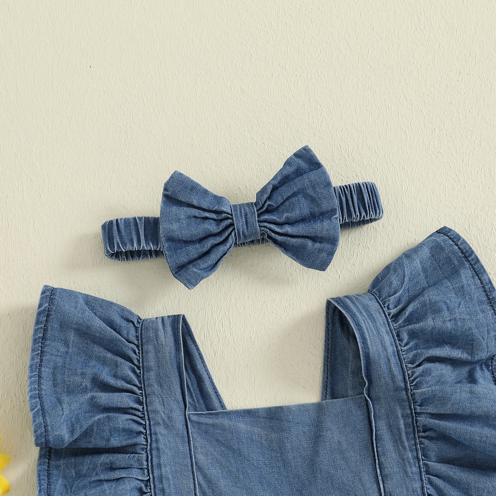 

Newborn Girl Outfit Toddler Infant Girls Clothes Fly Sleeve Layered Denim Romper with Bowknot Hairband Summer Clothes