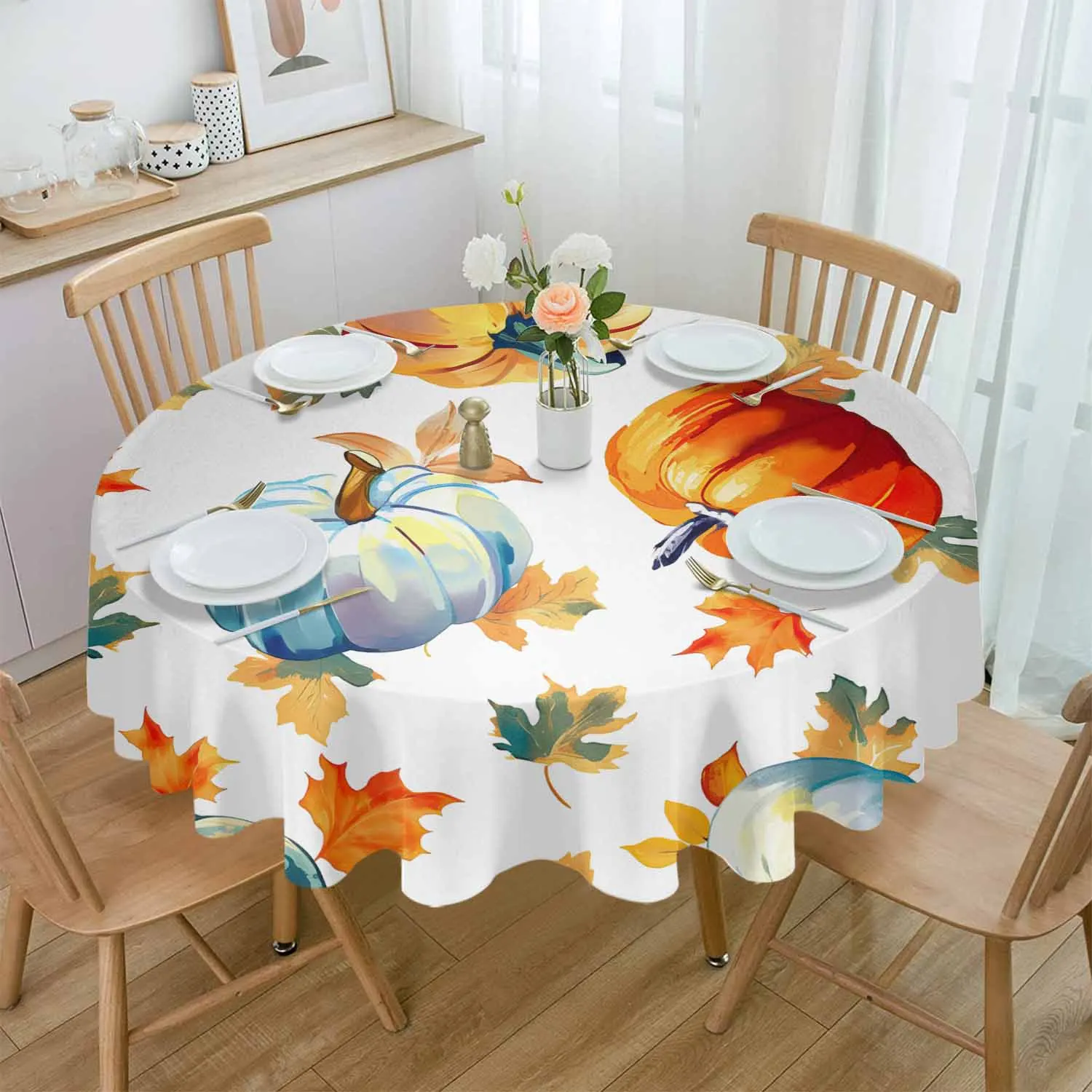 Hand-Painted Watercolor On Pumpkin Leaves Waterproof Tablecloth Tea Table Decoration Round Table Cover For Kitchen Wedding Home