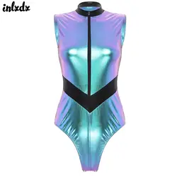 Womens Astronaut Cosplay Costume Zipper Stand Collar Leotard Color Block Bodysuit Metallic Shiny Catsuit Gogo Rave Clubwear