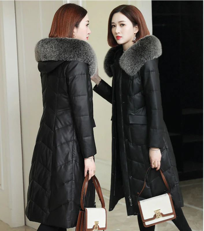 

2023 Genuine Leather Jacket Women Long Winter Sheepskin Coat Fox Fur Collar Hooded Luxury Leather Jackets Women KJ3549