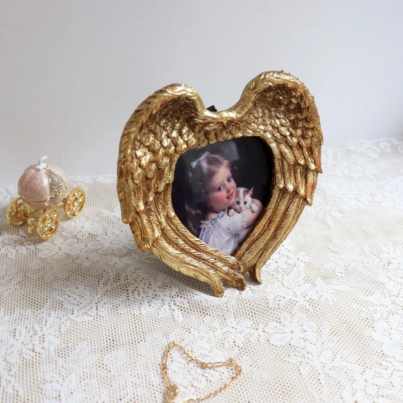 Porta-Retrato Americano Retrô Dourado com Asas de Anjo, para Mesa ou Parede, Esculpido à Mão, Estilo Francês, Porta-Retratos e Álbuns