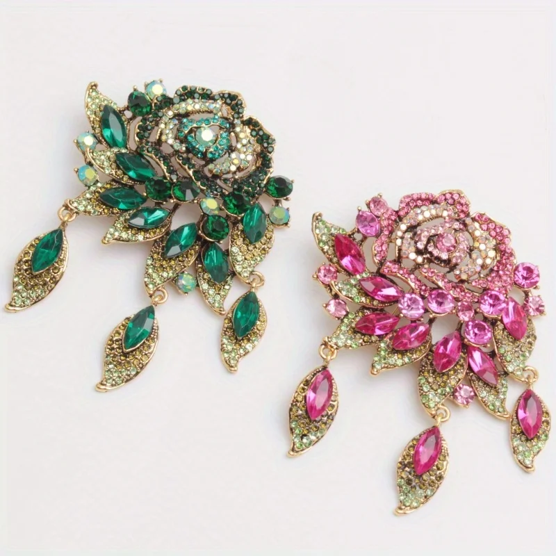 Stylish Design Large Attractive Green Rose Women\'s Rhinestone Pendant Brooch Corsage Pin Gift