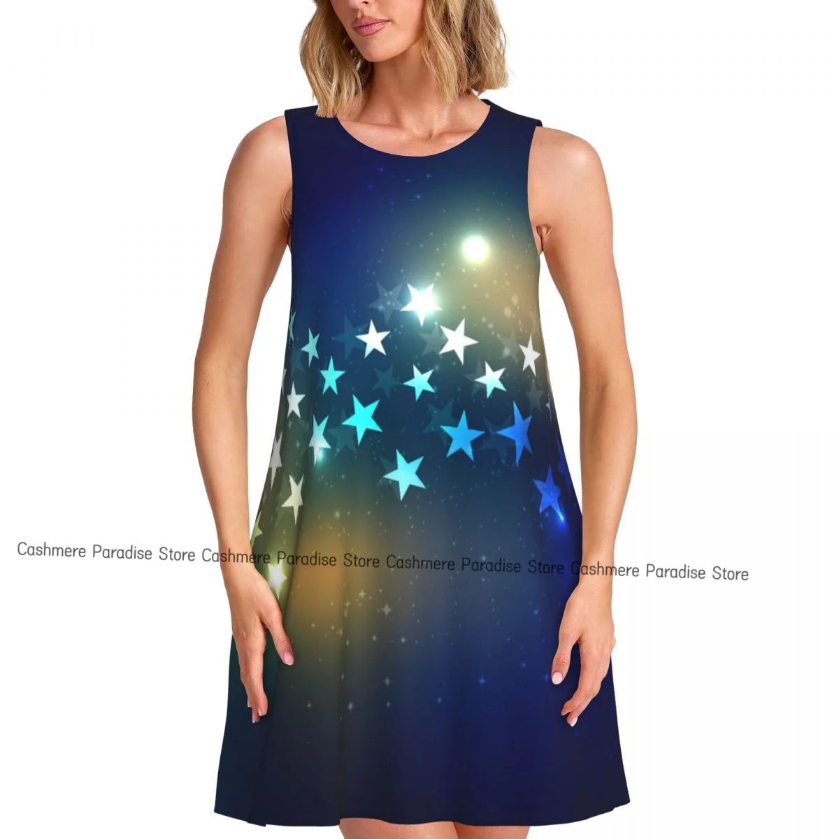 فستان نسائي ستارز صيفي كاجوال فساتين تي شيرت لتغطية الشاطئ فستان بدون أكمام #1