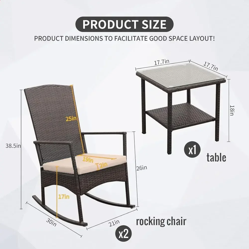 Outdoor HDPE Wicker Rocking Chair 3-Piece Patio Rattan Bistro Set 2 Rocker Armchair and Glass Coee Side Table urniture Washable view 4