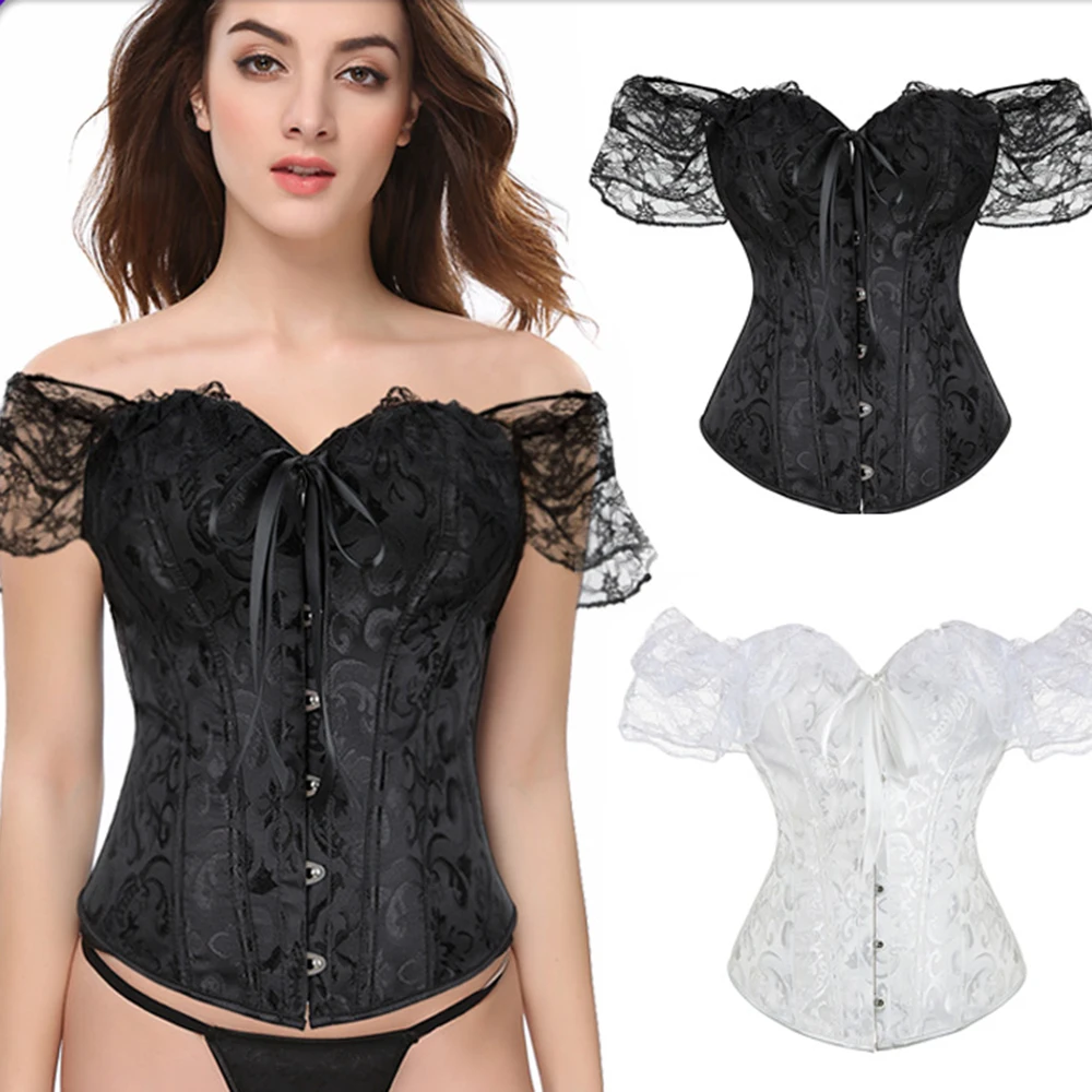 Women Corset Top with Lace Sleeve Lace Up Sexy Bustier Overbust Lingerie Waist Trainer Costume Tops Modeling Strap Waist Cincher