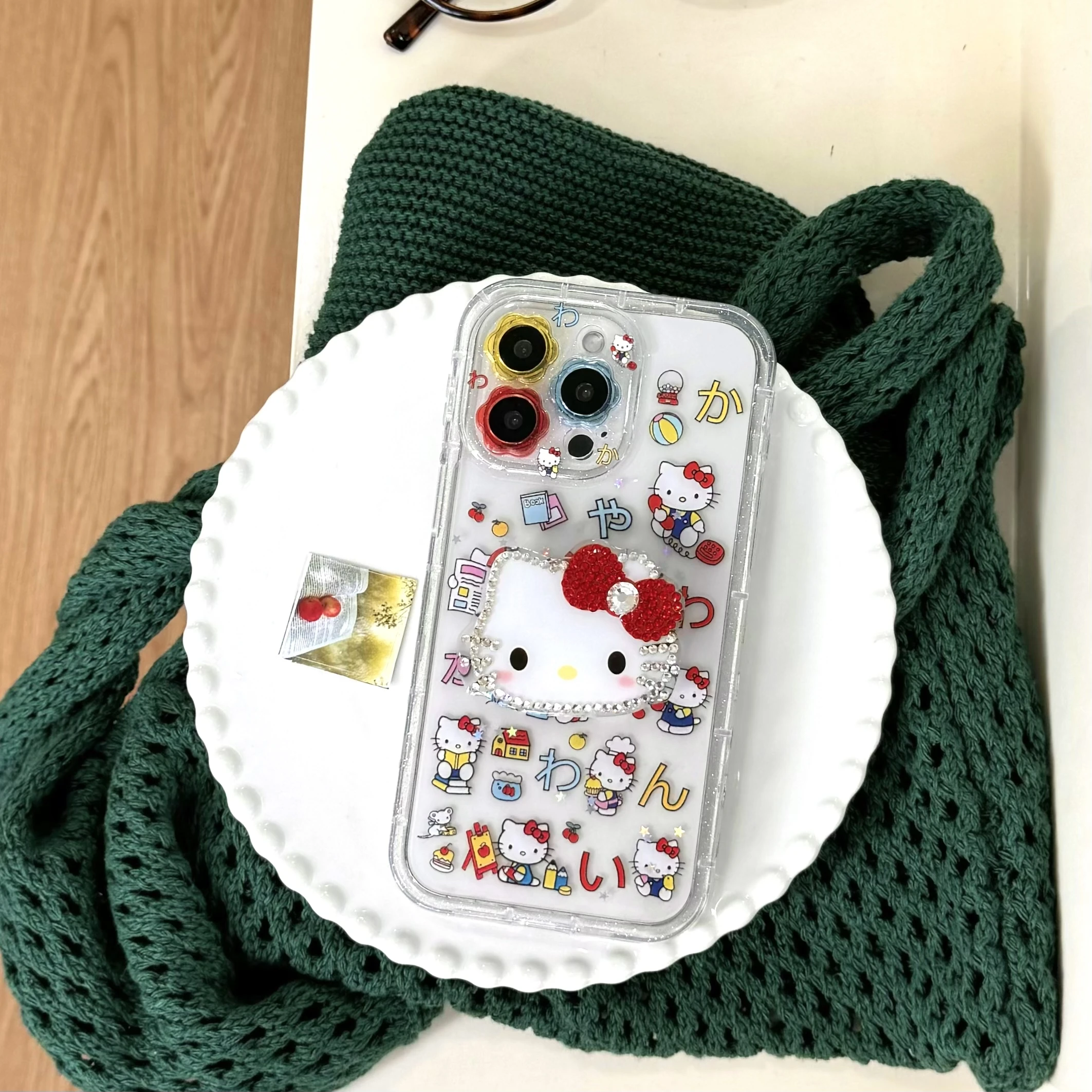 

Special Flower-Patterned Lens Sanrio For Hello Kitty Full Screen Flash Diamond Shell Bracket For iPhone16 13 14 15 Pro Max Case