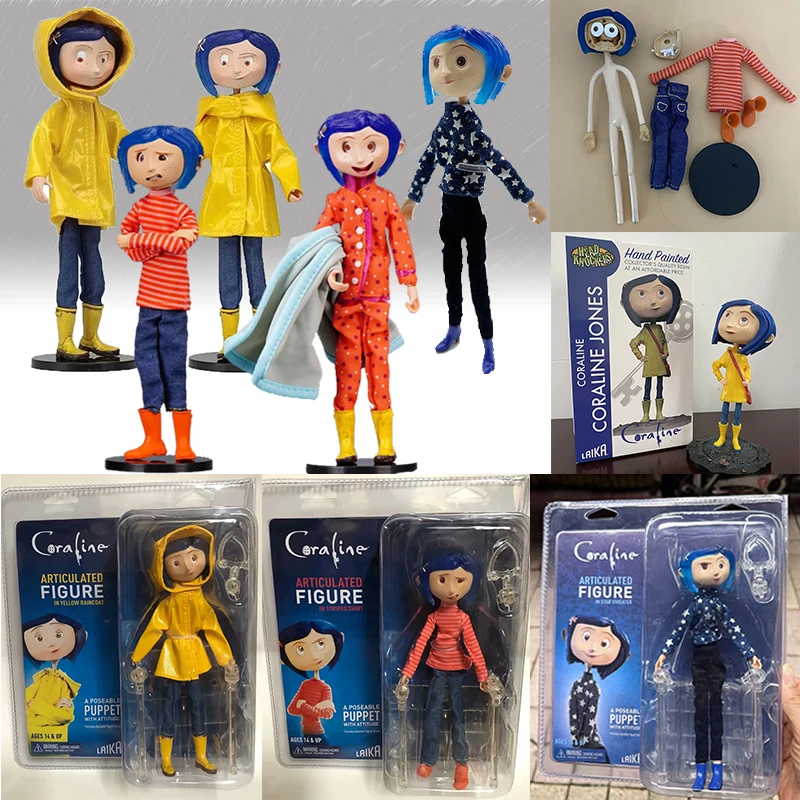 NECA Anime Coraline Doll Figura anime articolata Maglione impermeabile in camicia a righe Giocattolo LA Ragazza Decorazione Modello Regali di compleanno