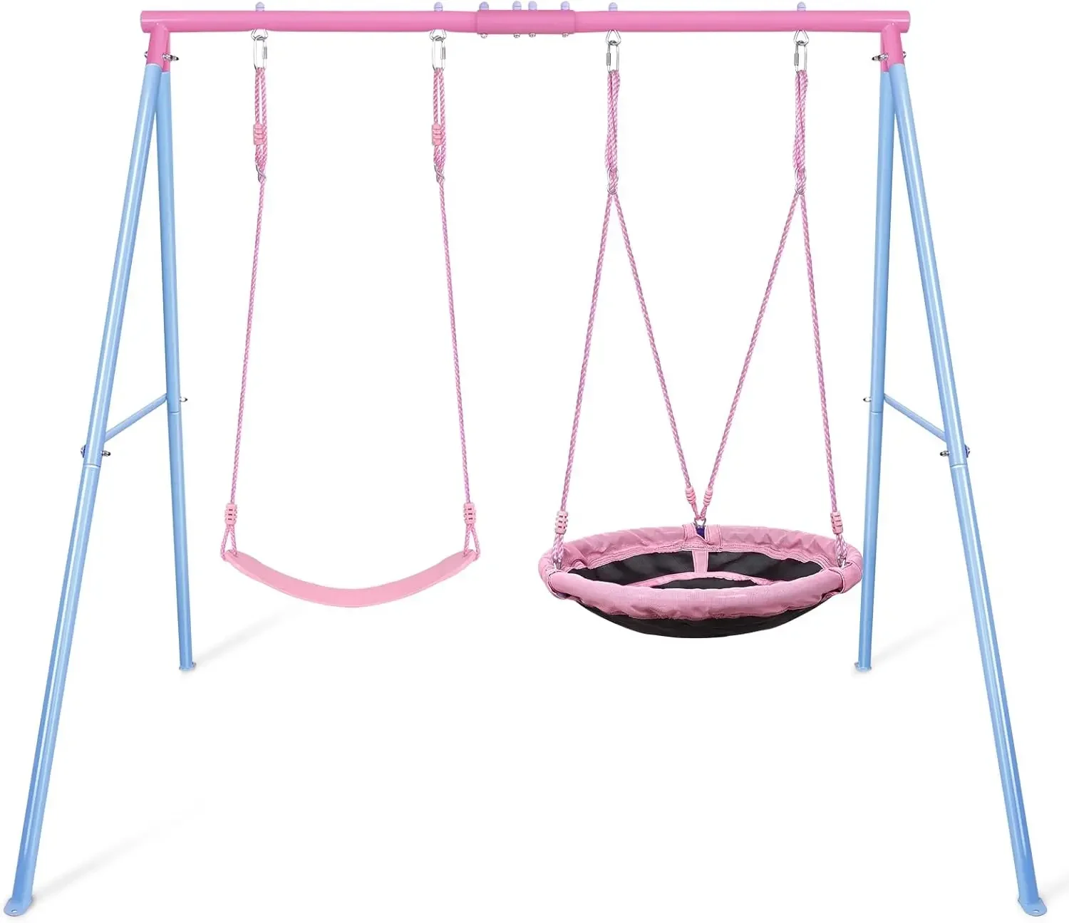 Set, 440lbs, Heavy-Duty A-Frame Metal Outdoor Swing Stand, 1 Saucer & 1 Belt Swing seat for Playground, Backyard Pink