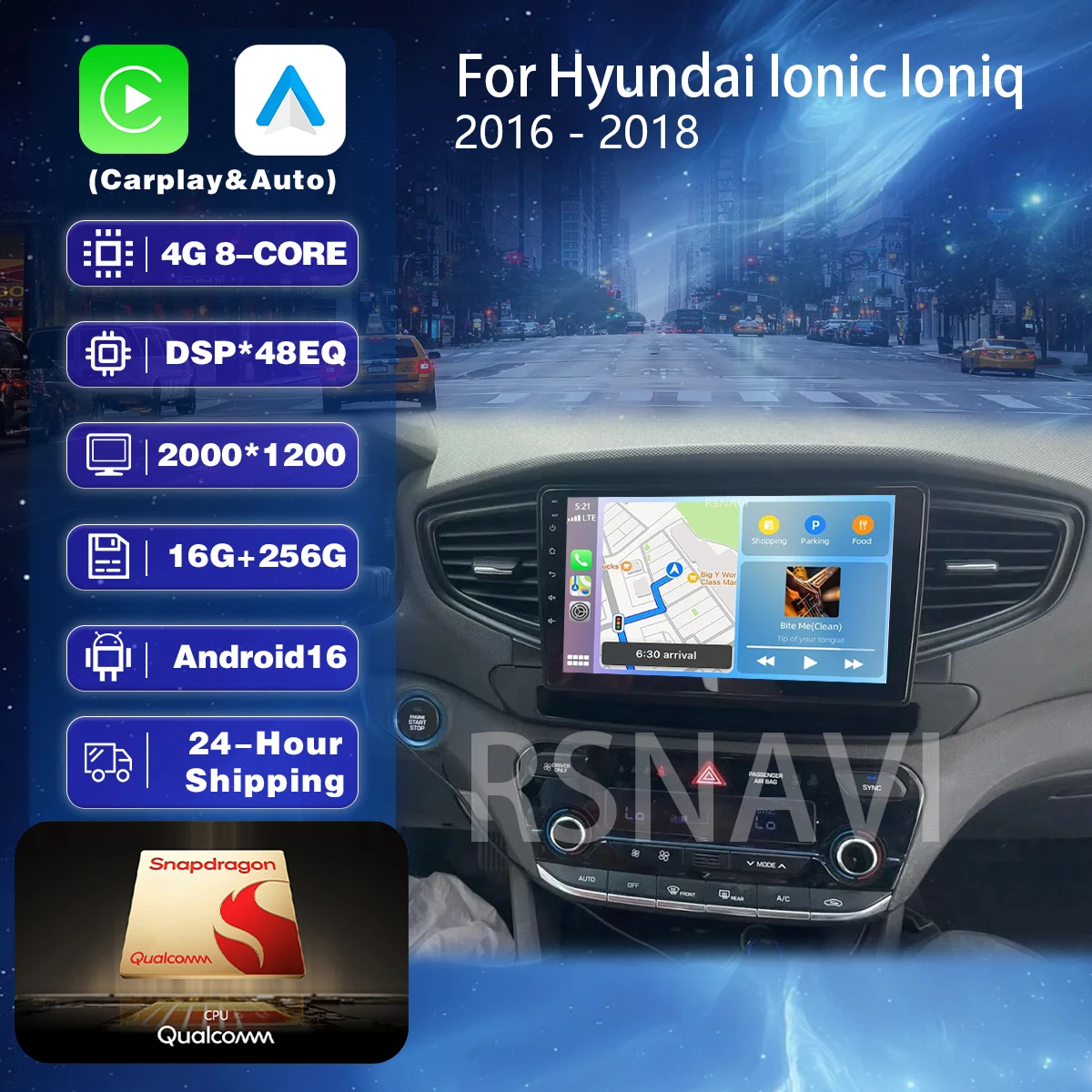 Plug and Play Android 16 Carplay Auto Qualcomm Screen Car Radio Player For Hyundai Ionic Ioniq 2016 - 2018 GPS Stereo BT Wifi 4G