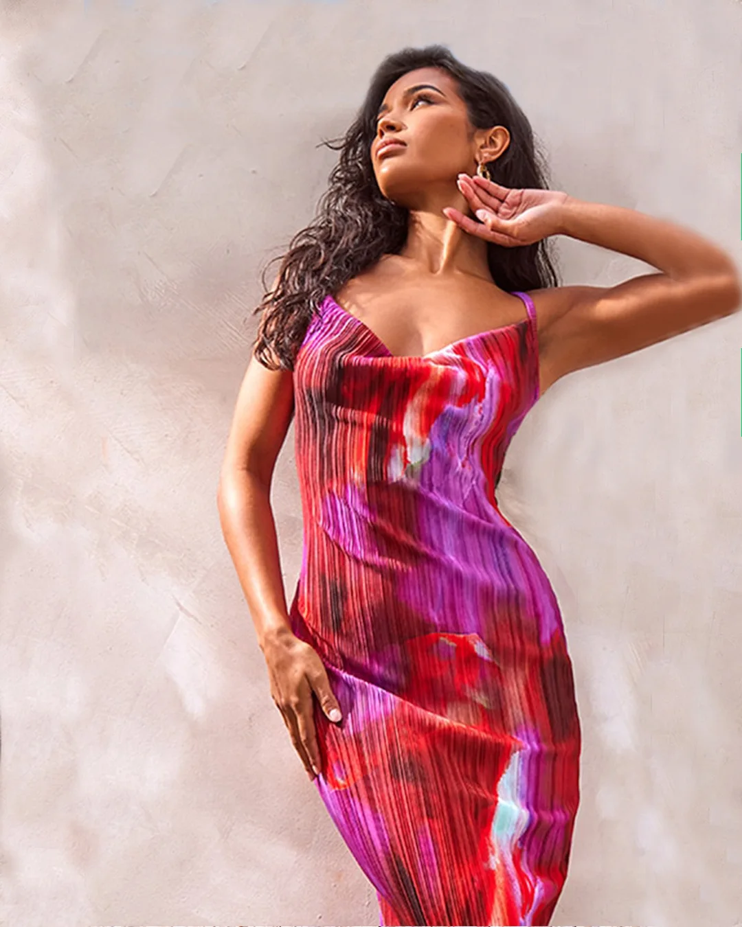 

Pink Abstract Print Plisse Strappy Maxi Dress Pretty Women Dress Sexy Beach Slip Dress Long Backless Vacation Outfit Fashion