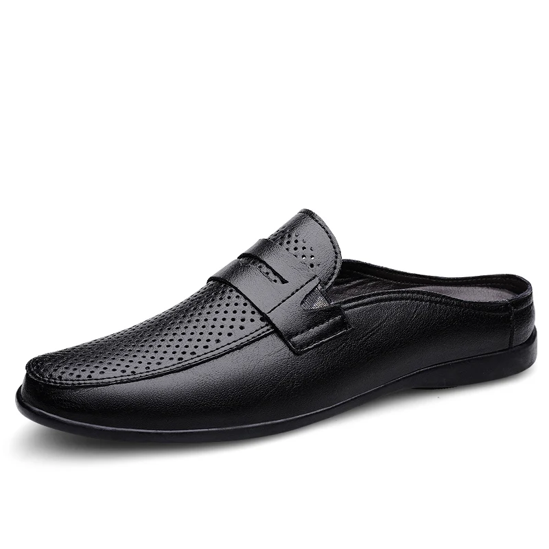 Summer Men Black Leather Closed Toe Mules Hollow Cutout Slip On Half Slippers Breathable Non Slip Casual Outdoor Walking Sandals