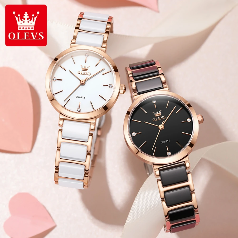 OLEVS Damski Zegarek 5877 Luksusowy Elegancki Zegarek Kwarcowy Wodoodporny Świecący Ceramiczny Pasek Zegarek Damski Zestaw Bransoletka Pudełko Prezentowe Reloj