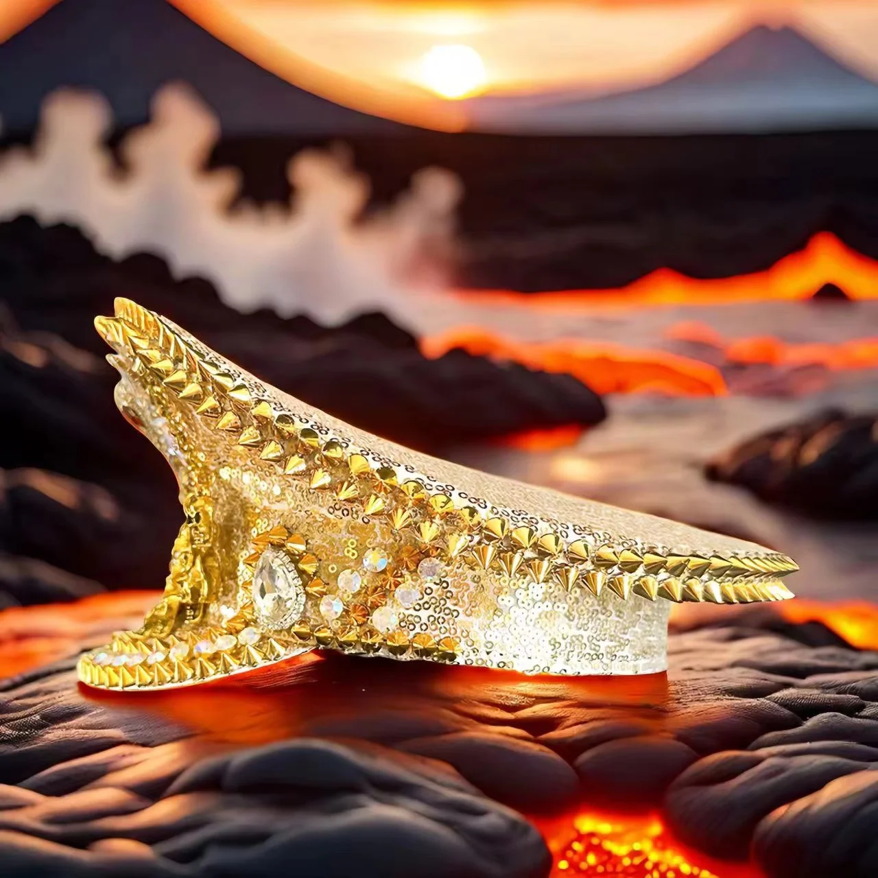 HongLuan Gelber Laser-Leder-Loop-Kapitänshut mit Strasssteinen und Militärkappen für Damen, Rave-Festivals-Accessoires und Partymütze für Herren