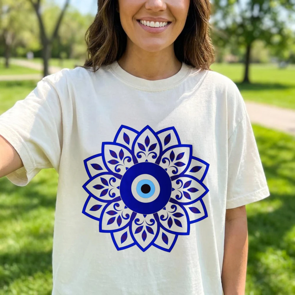 Retro Mandala Evil Eye Pattern T-Shirt Blue Spiritual Protection Amulet Boho Unisex Trendy Top Fashion Cotton Streetwear Tees